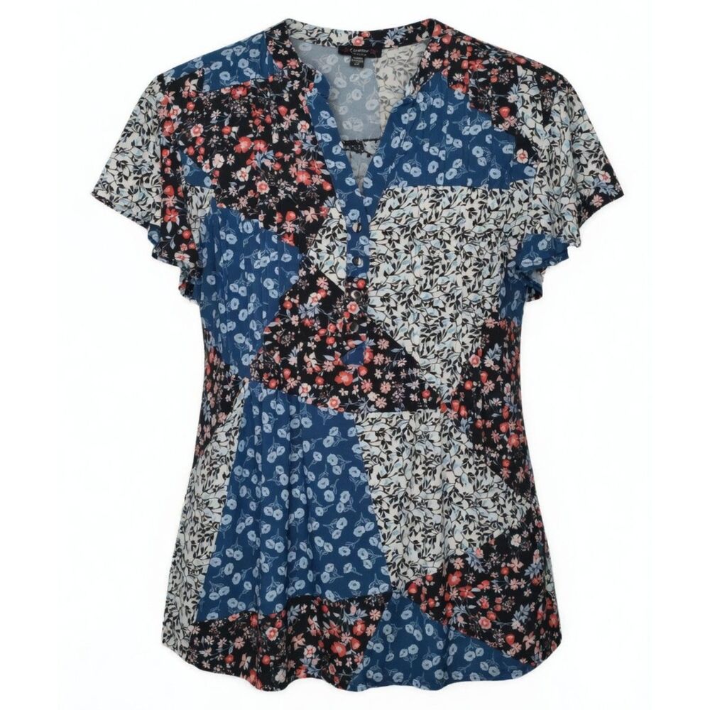 Cocomo Women's Plus Size 2X Blue Multi Floral Print Pintuck Flutter Sleeve Top